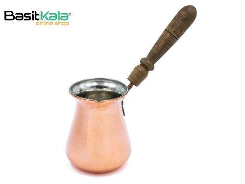 قهوه جوش (جذوه) مسی بدنه چکش کاری شده دسته چوبی 4 کاپ