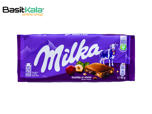 تابلت شکلات شیری با مغز کشمش و فندق 90 گرم میلکا