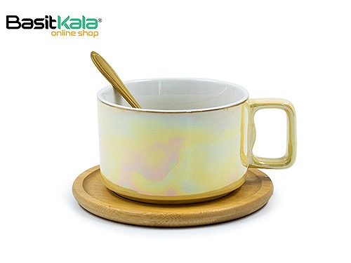 فنجان سرامیکی لب طلایی با زیره بامبو و قاشق فلزی 250 میلی لیتری کافی کاپ Coffee cup