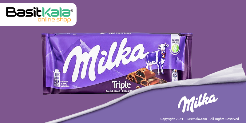 ترکیبات شکلات تریپل کاکائویی با سه مغز مختلف 90 گرم میلکا