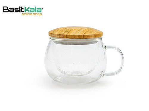 لیوان دمنوش شیشه ای فیلتردار با درب واشردار بامبو 350 میلی لیتر L70 لیماز LIMAZ tea infuser mug