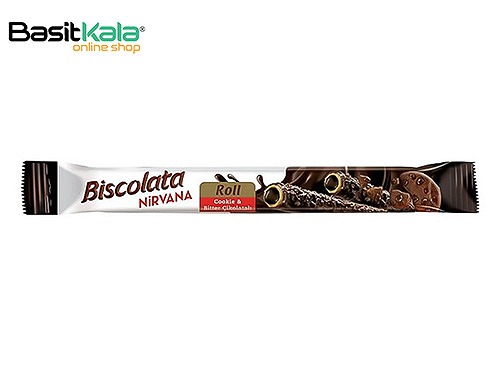 ویفر رولی با مغز کرم شکلاتی و روکش شکلات تلخ همراه با تکه های کوکی بیسکولاتا نیروانا Biscolata NIRVANA roll