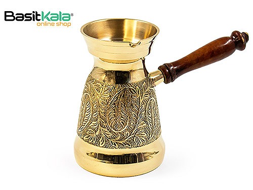 قهوه جوش برنجی (جذوه) طرح اسلیمی دسته چوبی 7 کاپ (600 سی سی) برس ورلد Brass World cezve