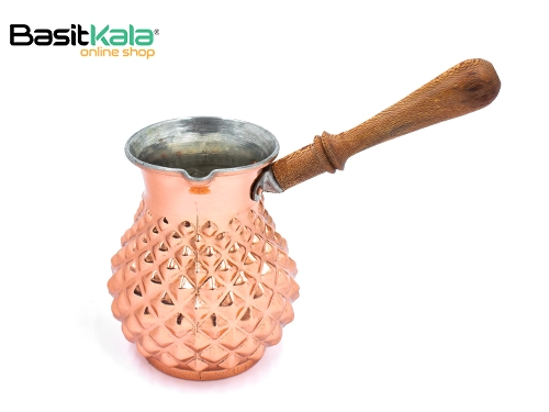 قهوه‌جوش (جذوه) مسی طرح لوزی دسته چوبی 5 کاپ