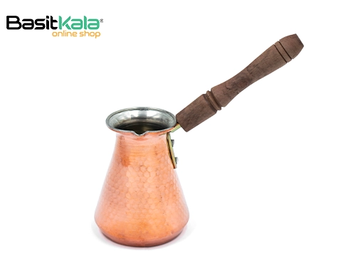 قهوه جوش (جذوه) مسی بدنه چکش کاری شده گردن باریک دسته چوبی 2 کاپ