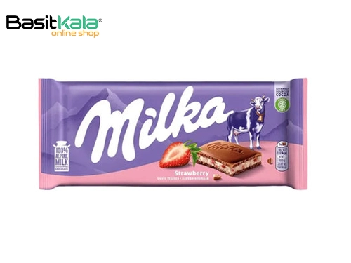 تابلت شکلات شیری با مغز کرم توت‌ فرنگی و ماست ۱۰۰ گرمی میلکا