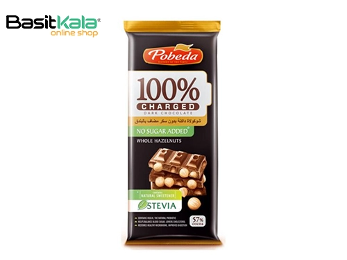 شکلات تلخ تخته‌ای 57% بدون قند با مغز فندق 90 گرم پوبدا
