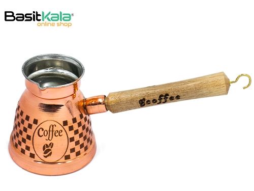 قهوه‌جوش (جذوه) مسی طرح شنطرنجی دسته چوبی 4 کاپ