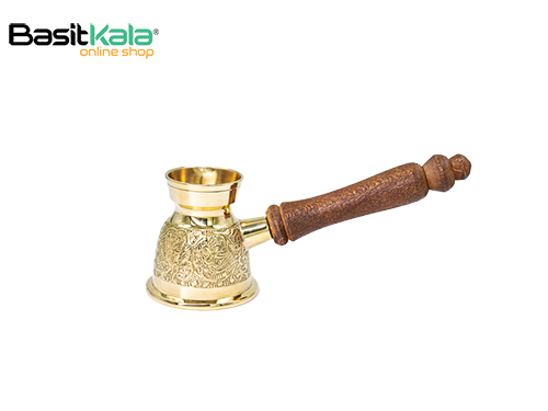 قهوه جوش برنجی (جذوه) طرح دار هندی دسته چوبی 1 کاپ برس ورلد