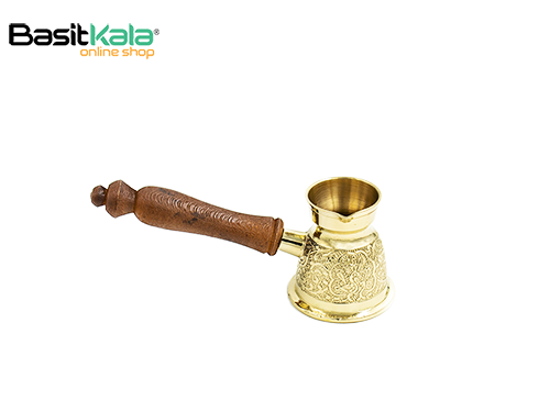 قهوه جوش برنجی (جذوه) طرح دار هندی دسته چوبی 3 کاپ برس ورلد